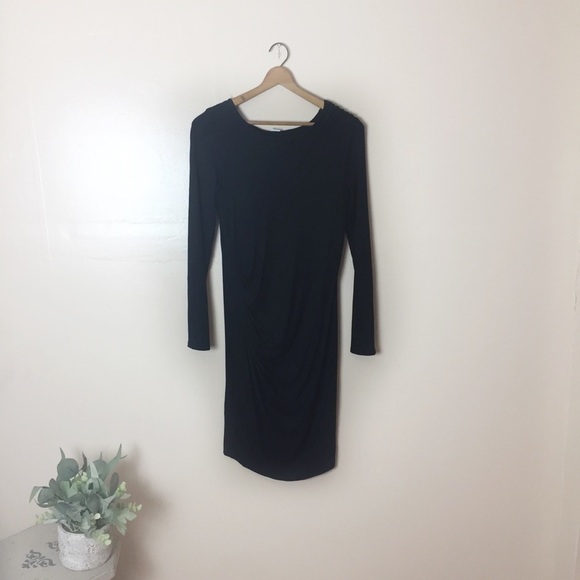 [Three Dots] Small Black Long Sleeve Ruched Dress - Picture 1 of 8